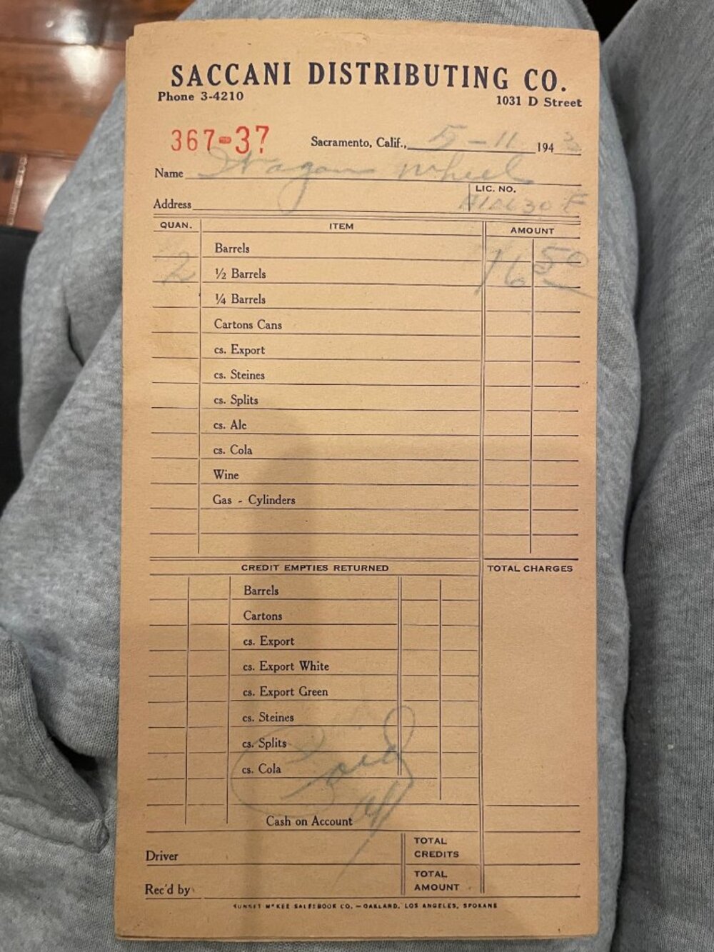 Set Of 7 Vintage 1943 Saccani Distributing Co. Invoices Sacramento CA Antique Ep